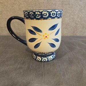 Temp-tations Old World Blue Floral Hand Painted Ceramic Footed Mug 5 Inch